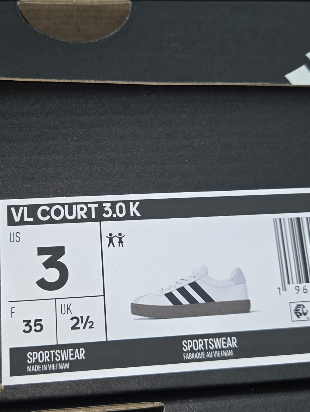 Youth Kids Adidas VL Court 3.0 Unisex Shoes White, Black, Cream Suede Gum Bottom - Picture 6 of 8